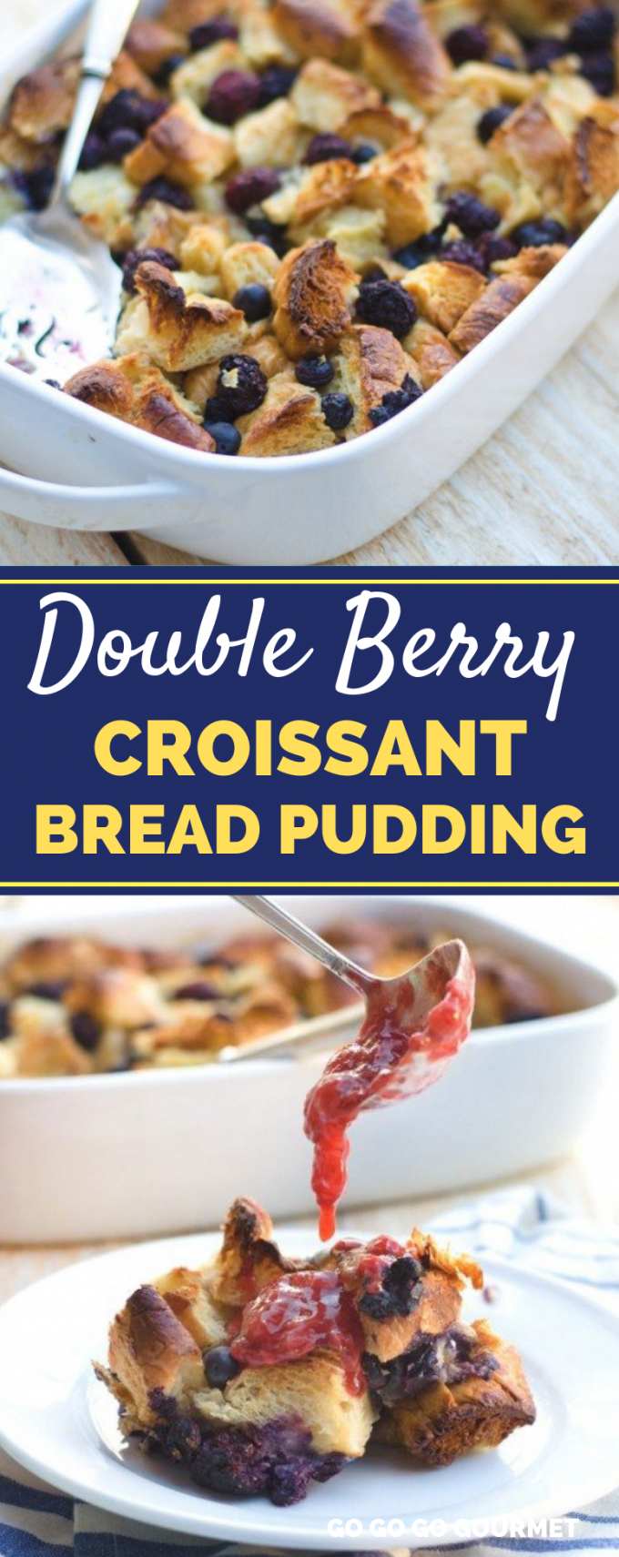 This easy Double Berry Croissant Bread Pudding recipe makes a great breakfast casserole or dessert! With flaky croissants, orange zest, strawberries, blackberries and blueberries, you are going to fall in love with this bread pudding recipe! #gogogogourmet #breadpudding #croissantbreadpudding #berrybreadpudding via @gogogogourmet