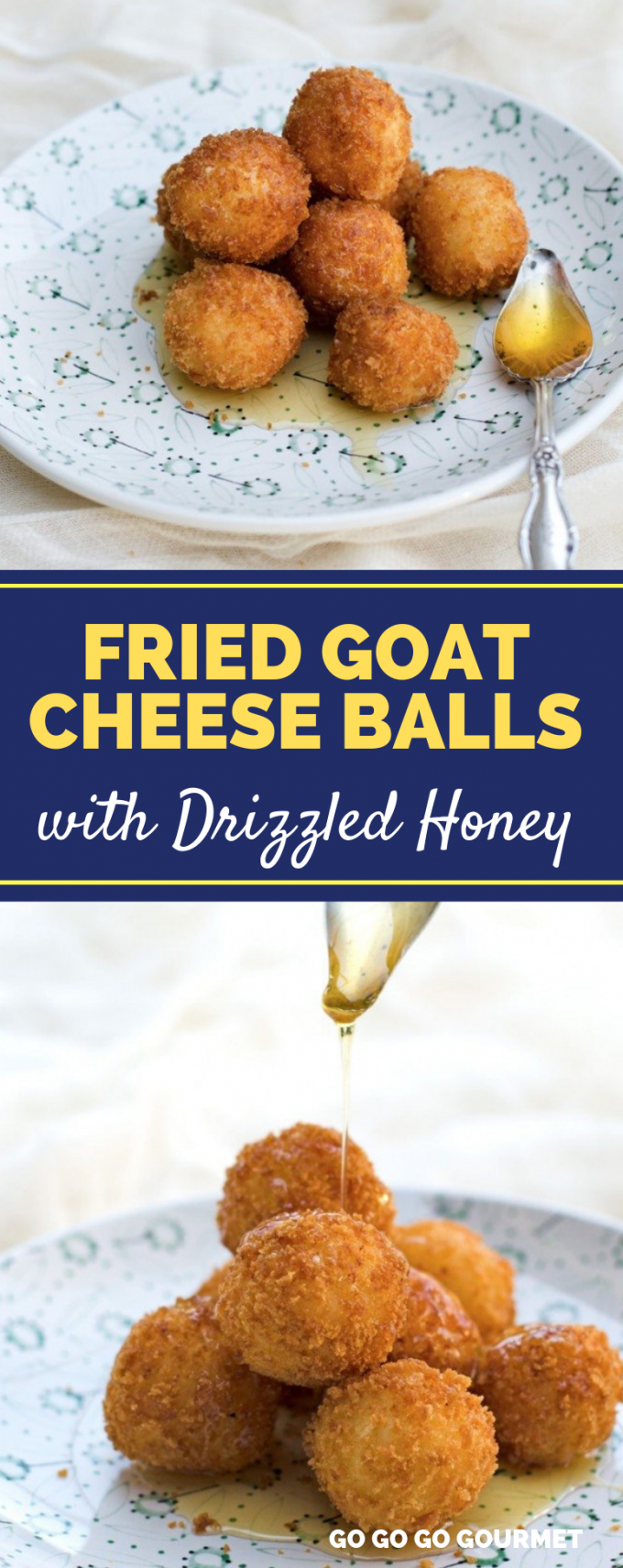 These easy Fried Goat Cheese Balls with Honey make the best appetizers. You can't beat that crispy outside and soft, melty cheese inside! They would even be a great topping for a summer salad! #gogogogourmet #friedgoatcheeseballs #friedgoatcheese #easyappetizers #summerappetizers via @gogogogourmet