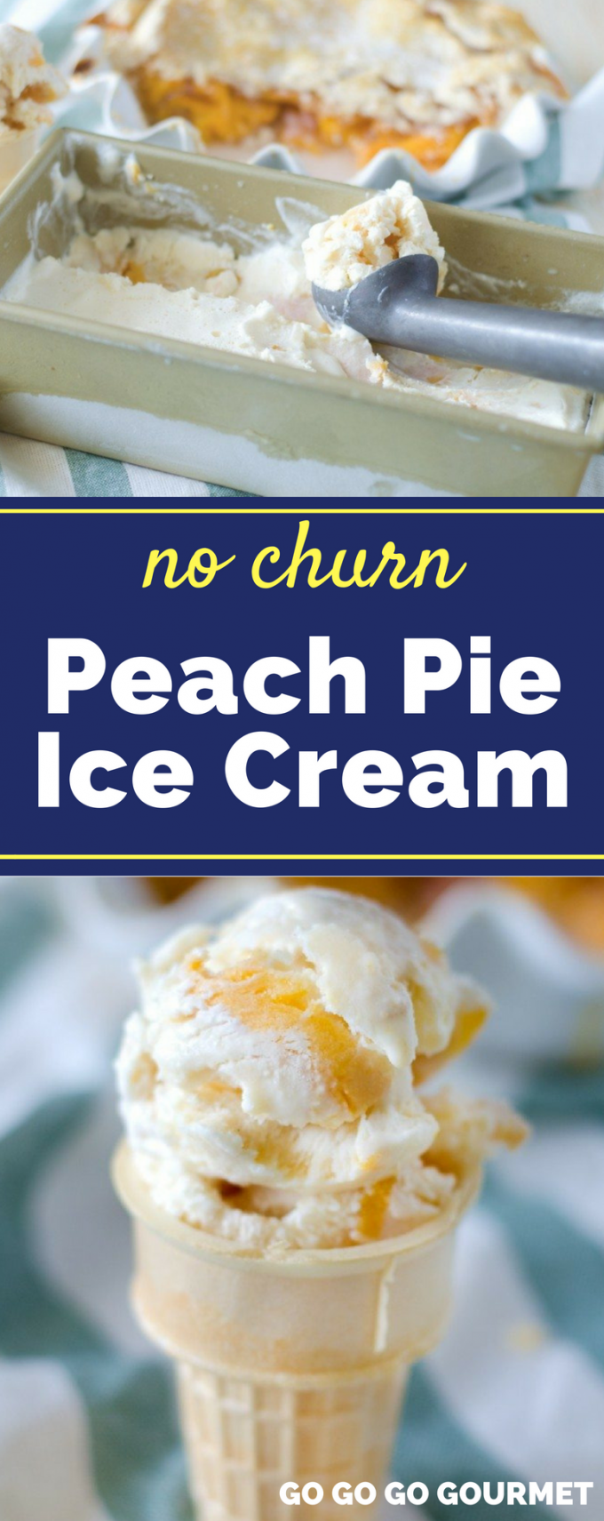 This easy No Churn Peach Pie Ice Cream recipe has everything you love about peach pie turned into a cool, sweet dessert for summer! It has all the benefits of homemade ice cream without using an ice cream maker. #nochurnicecream #peachpieicecream #summerdesserts #gogogogourmet via @gogogogourmet