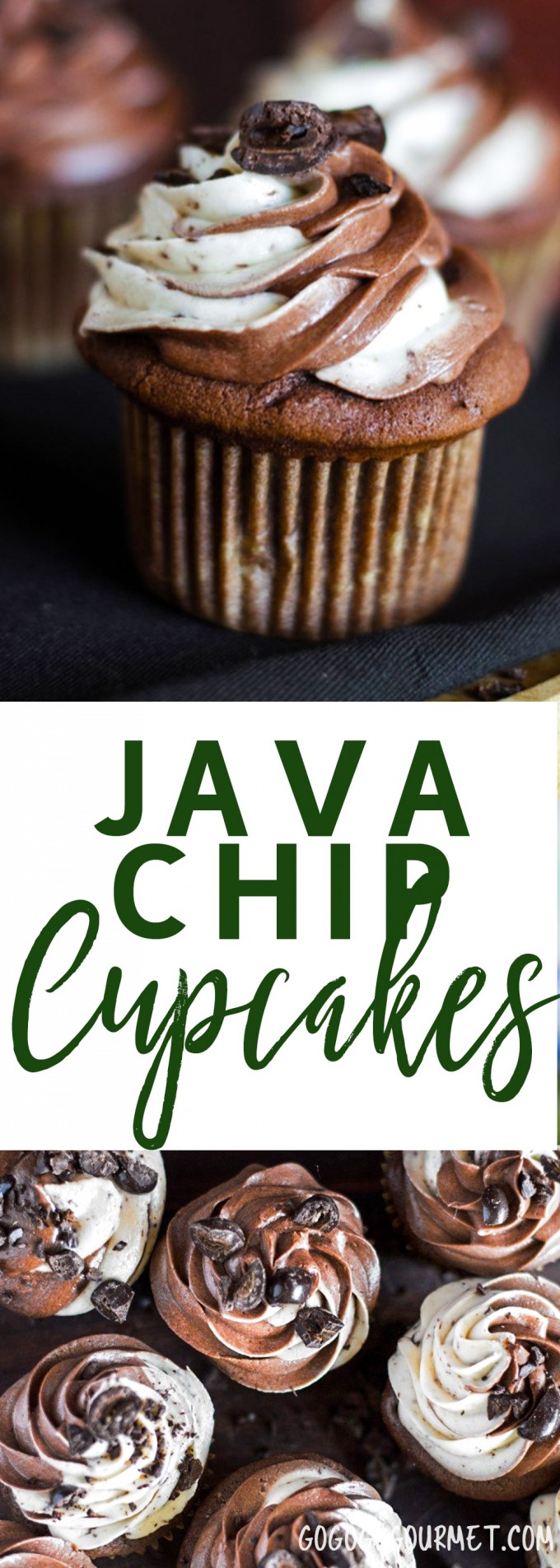 These Java Chip Cupcakes are the cake version of the popular Starbucks Java Chip frappuccino. The frosting is blended with chocolate covered espresso beans! via @gogogogourmet