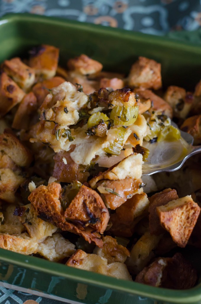 Thanksgiving recipes, stuffing in a green baking dish