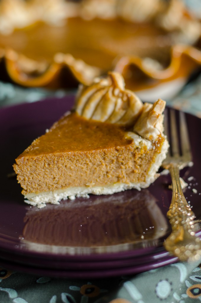 Thanksgiving recipes, slice of pumpkin pie on a purple plate