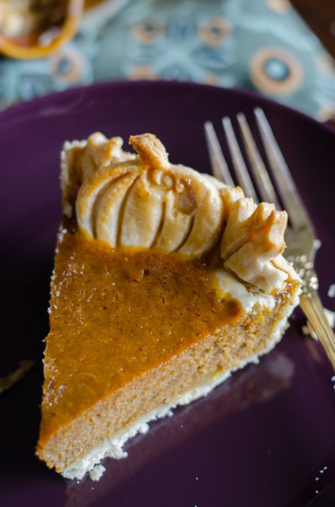 Overhead view of slice of pumpkin chiffon pie