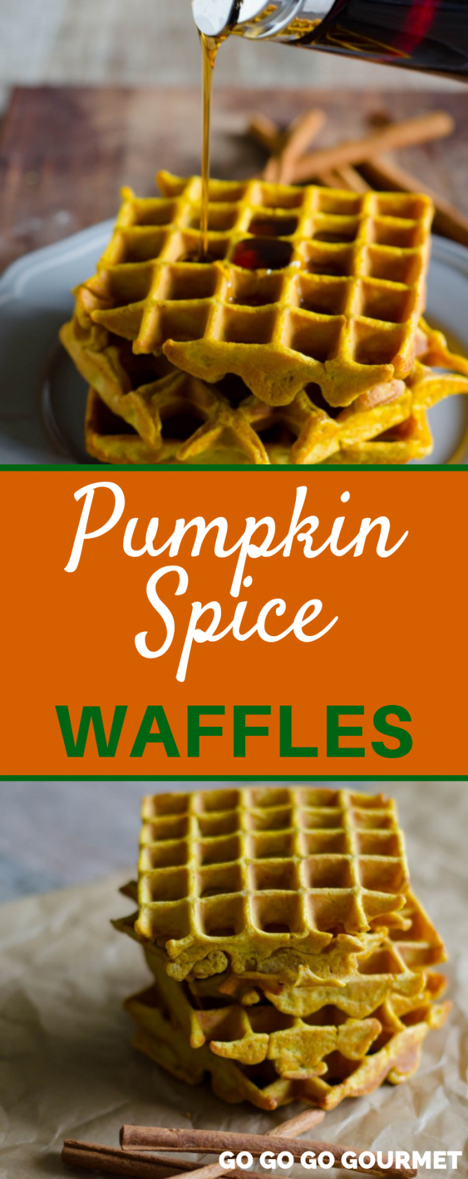 This easy Pumpkin Spice Waffles recipe is the best way to start fall mornings! Top with a healthy amount of maple syrup, and it might become your new favorite breakfast! #gogogogourmet #pumpkinspicewaffles #easypumpkinrecipes #fallbrunch via @gogogogourmet
