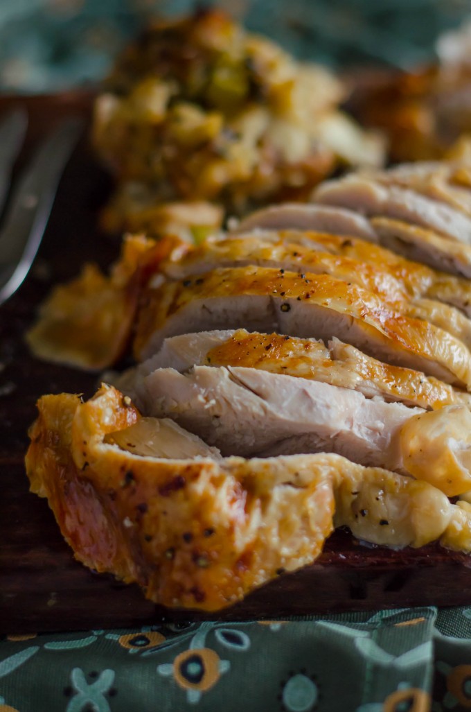 Oven roasted turkey breast cut into slices as thanksgiving recipes 