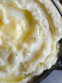 Close up of whipped potatoes in a skillet