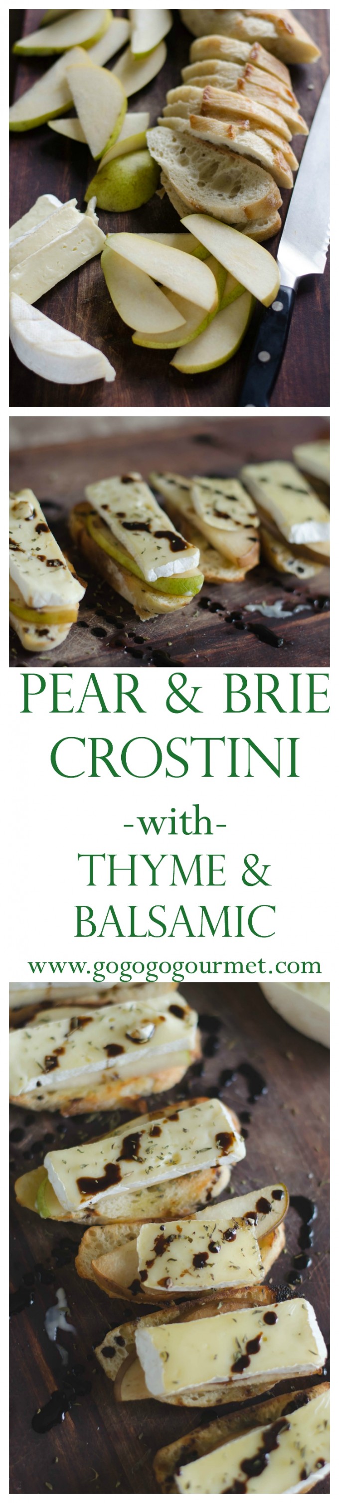 This Pear and Brie Crostini with Balsamic and Thyme is the ultimate snack or appetizer- fast to make, almost no dishes, and everyone loves them! via @gogogogourmet