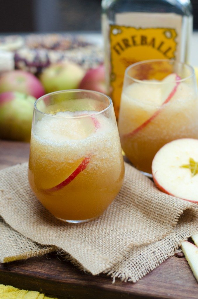 Apple cider Fireball cocktail on burlap