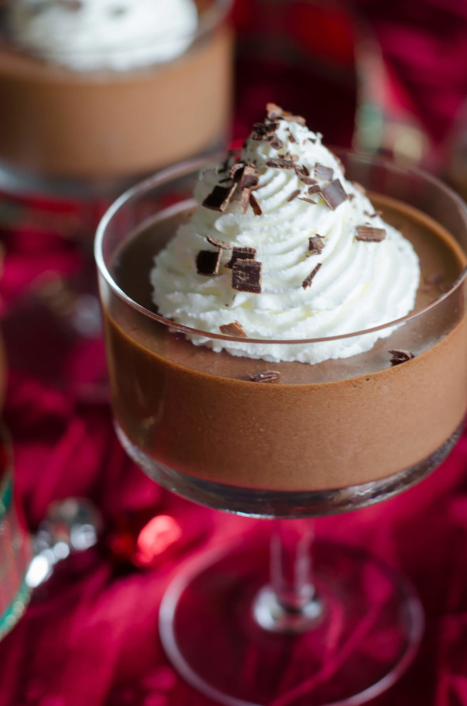 Dark Chocolate Mousse topped with whipped cream - christmas desserts