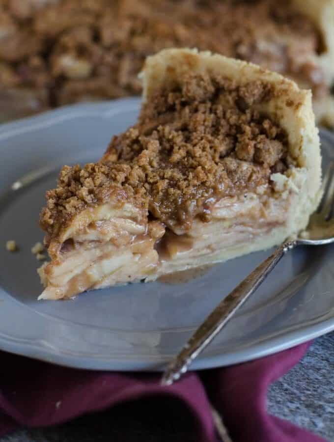 Thanksgiving recipes, slice of deep dish apple pie on a plate