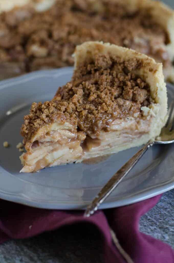 Thanksgiving recipes, slice of deep dish apple pie on a plate