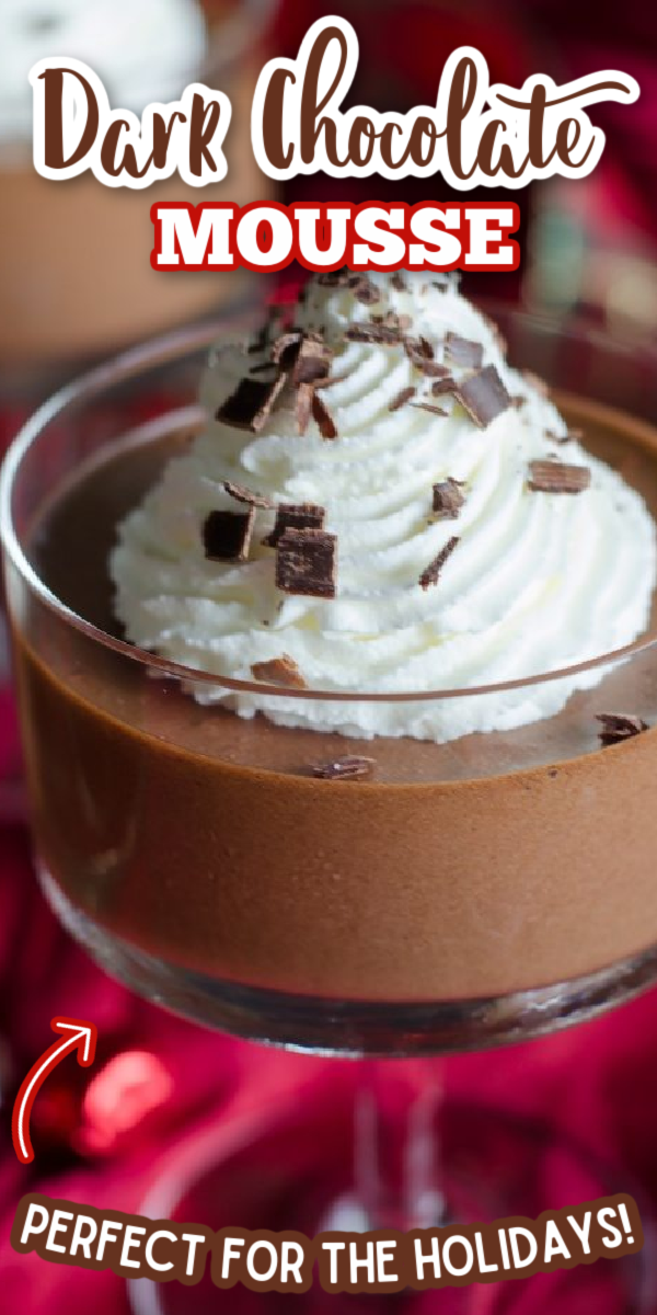 This easy Dark Chocolate Mousse recipe is the best for the holidays! You can serve it in festive cups for an elegant dessert that all of your guests will love! You could turn it into a pie, or even use it as a filling for a cake! The possibilities are endless. #GoGoGoGourmet #DarkChocolateMousse #EasyDessertRecipes #ChristmasDessertRecipes via @gogogogourmet