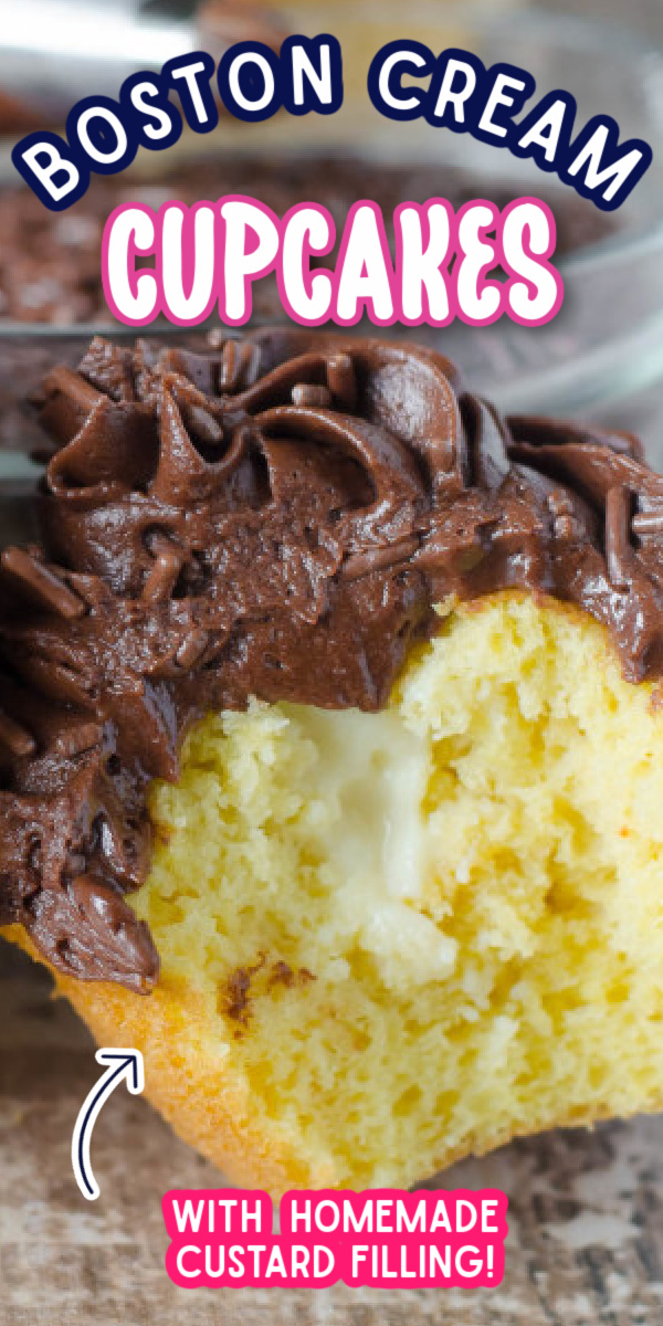 Fluffy yellow cupcakes topped with a decadent chocolate frosting and filled with a creamy homemade custard makes these Boston Cream Cupcakes the BEST! #gogogogourmet #bostoncreamcupcakes #bostoncream via @gogogogourmet