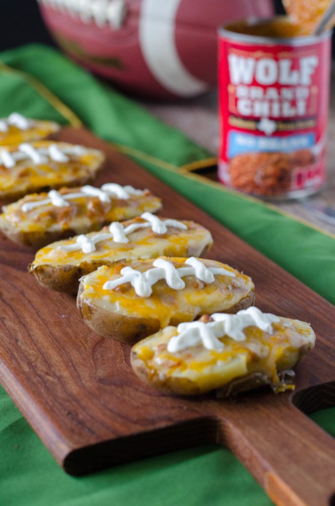 Chili Cheese Potato Skins- messy, cheesy and perfect for celebrating the big game! | Go Go Go Gourmet @gogogogourmet