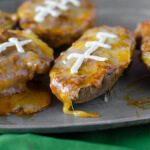 Chili Cheese Potato Skins- messy, cheesy and perfect for celebrating the big game! | Go Go Go Gourmet @gogogogourmet