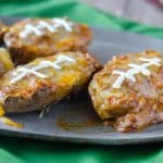 Chili Cheese Potato Skins- messy, cheesy and perfect for celebrating the big game! | Go Go Go Gourmet @gogogogourmet