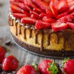 Chocolate Covered Strawberry Cheesecake - chocolate cookie crust, a layer of chocolate ganache, topped with a not-too-dense, not-too-sweet cheesecake, more ganache and fresh strawberries | Go Go Go Gourmet @gogogogourmet