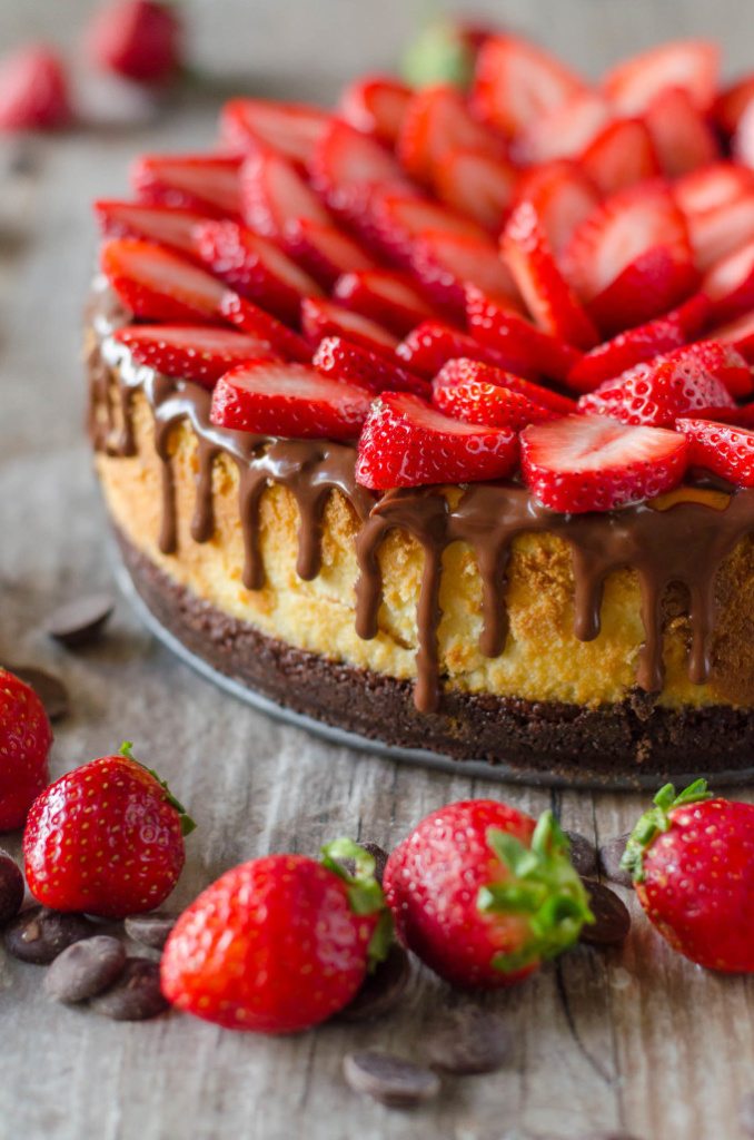 Chocolate Covered Strawberry Cheesecake - chocolate cookie crust, a layer of chocolate ganache, topped with a not-too-dense, not-too-sweet cheesecake, more ganache and fresh strawberries | Go Go Go Gourmet @gogogogourmet