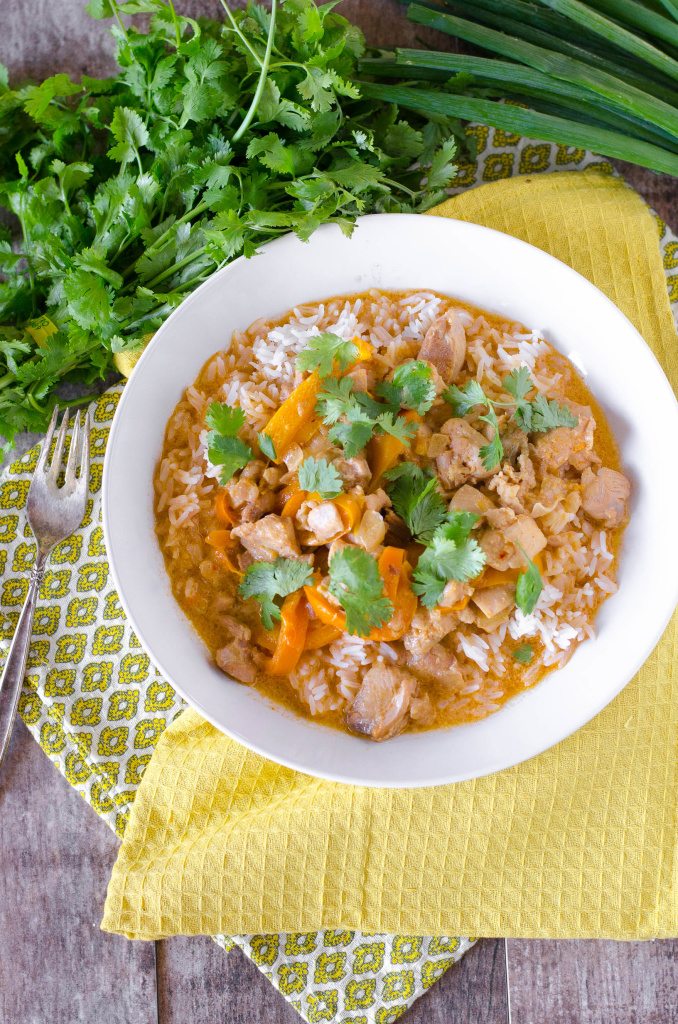 Easy Coconut Chicken Curry- coconut milk and red curry paste make these boneless chicken thighs into a fast and easy weeknight meal! | Go Go Go Gourmet @gogogogourmet