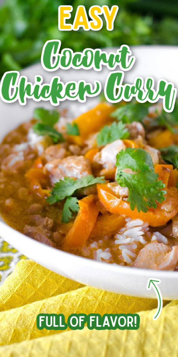 This EASY Coconut Chicken Curry recipe is a total comfort food win! Plus you can have it on the table in less than 30 minutes! #gogogogourmet #coconutchickencurry #comfortfood #chickencurry via @gogogogourmet