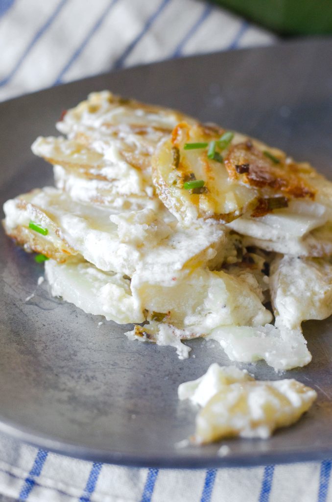 Goat Cheese and Chive Creamy Scalloped Potatoes | Go Go Go Gourmet @gogogogourmet