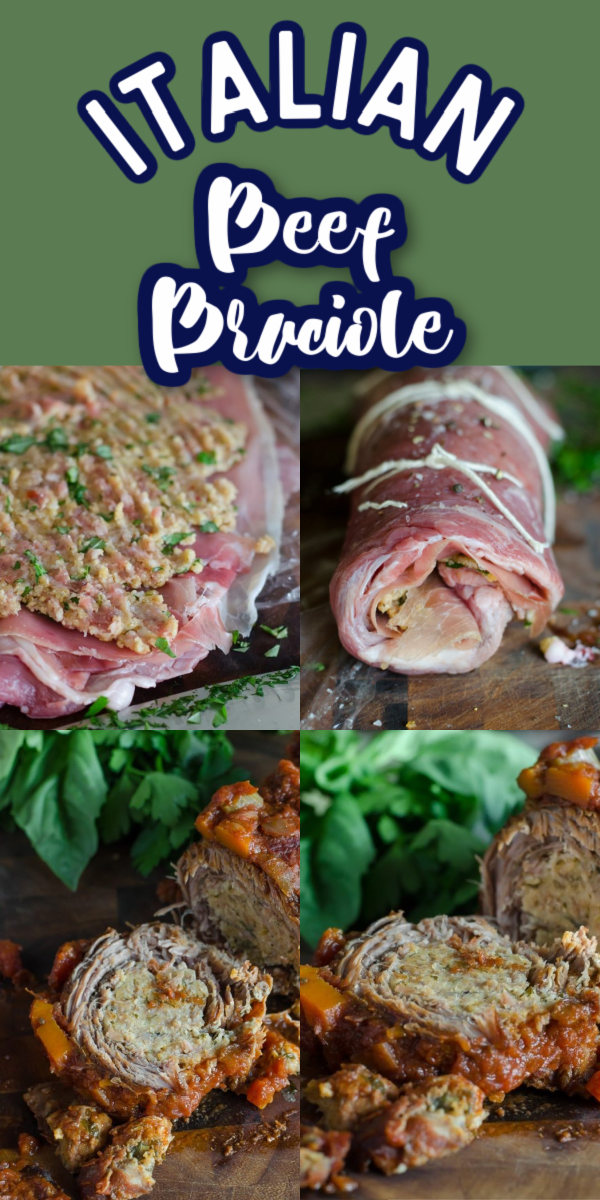 Sausage rolled inside prosciutto rolled inside flank steak with bread crumbs and parmesan cheese, this Italian Beef Braciole is the ultimate dinner recipe! #gogogogourmet #italianbeefbraciole #beefbraciole via @gogogogourmet
