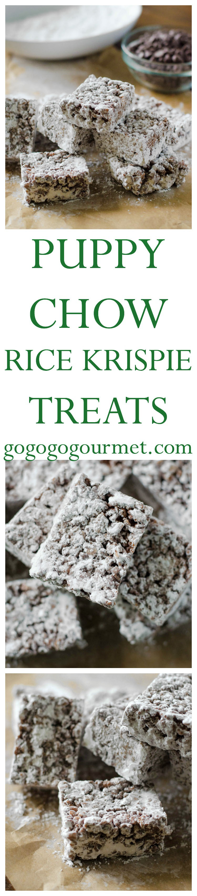 Whether you call them Muddy Buddies or Puppy Chow- these Rice Krispie Treats are nothing but DELICIOUS! @gogogogourmet
