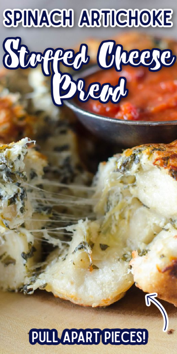 With simple ingredients, you can make this easy Spinach Artichoke Stuffed Cheese Bread that is perfect for parties and game day! It's pull apart which makes it super easy to serve! #gogogogourmet #spinachartichokebread #cheesebread #gamedaysnacks via @gogogogourmet