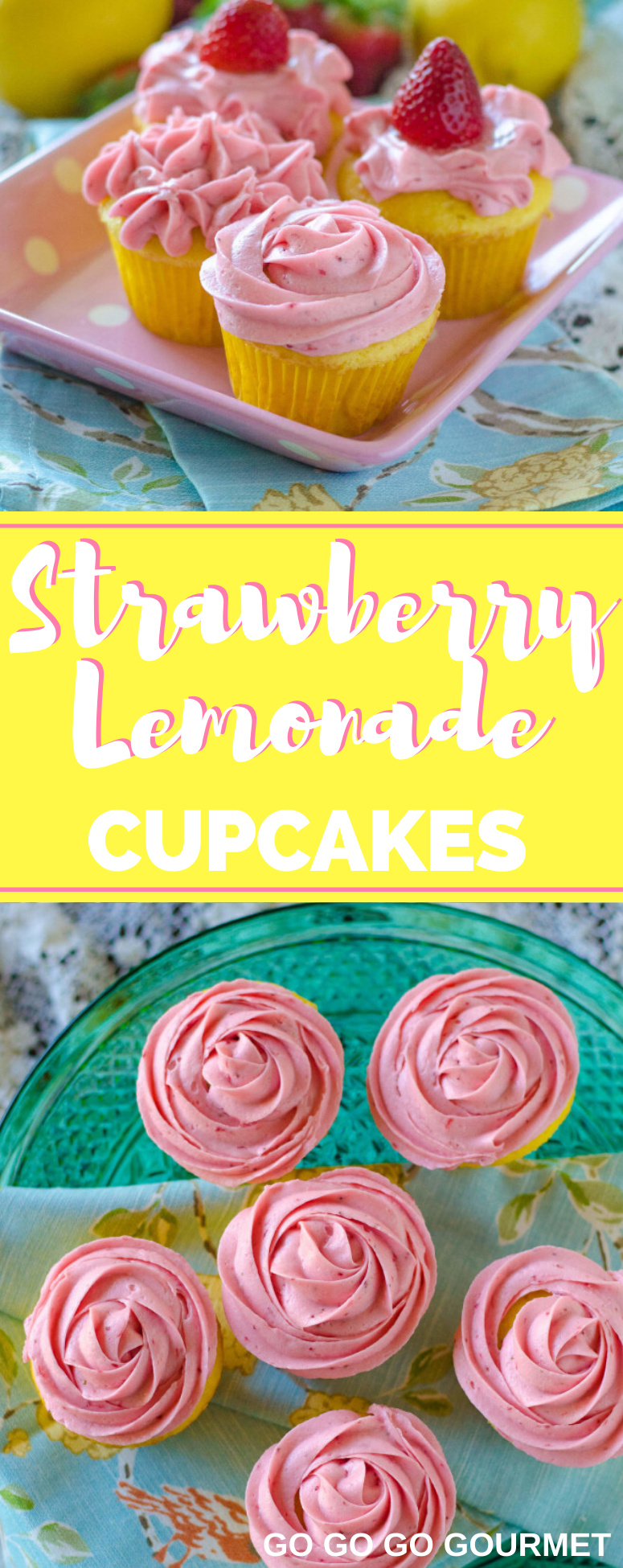 These beautiful, easy Strawberry Lemonade Cupcakes with filling recipe will have you longing for warm summer days! A box lemon cake filled with a lemon curd and topped with a super-easy, super-delicious strawberry buttercream made from scratch! Made even easier with cake mix! #gogogogourmet #strawberrylemonadecupcakes #homemadecupcakes #summerdesserts via @gogogogourmet