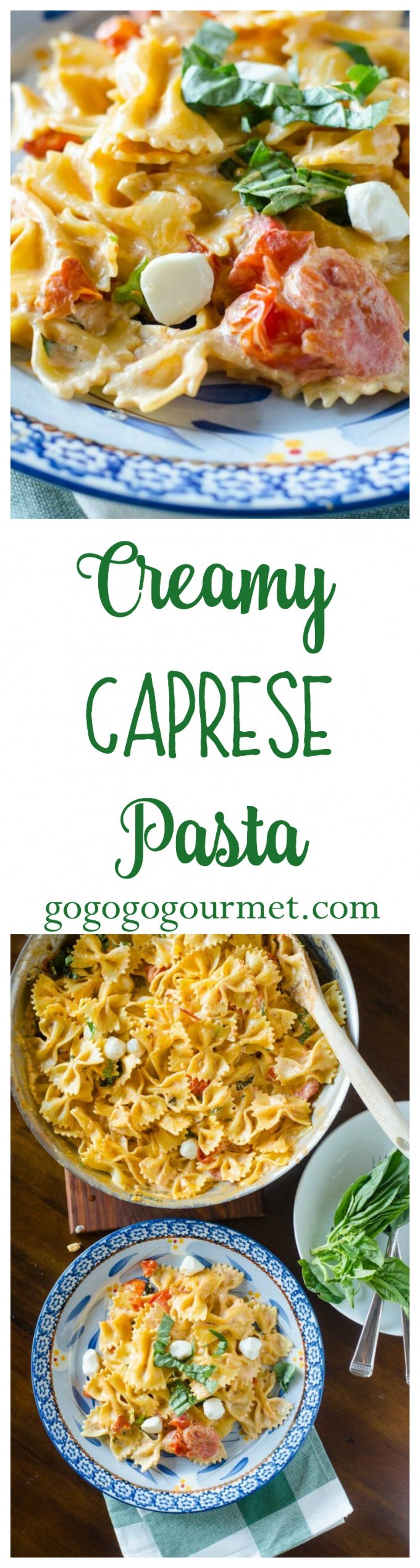 Fast and easy (and cheesy!!), this creamy tomato pasta dinner, loaded with fresh mozzarella and basil, is sure to be a hit with the whole family! Creamy Caprese Pasta | Go Go Go Gourmet @gogogogourmet via @gogogogourmet