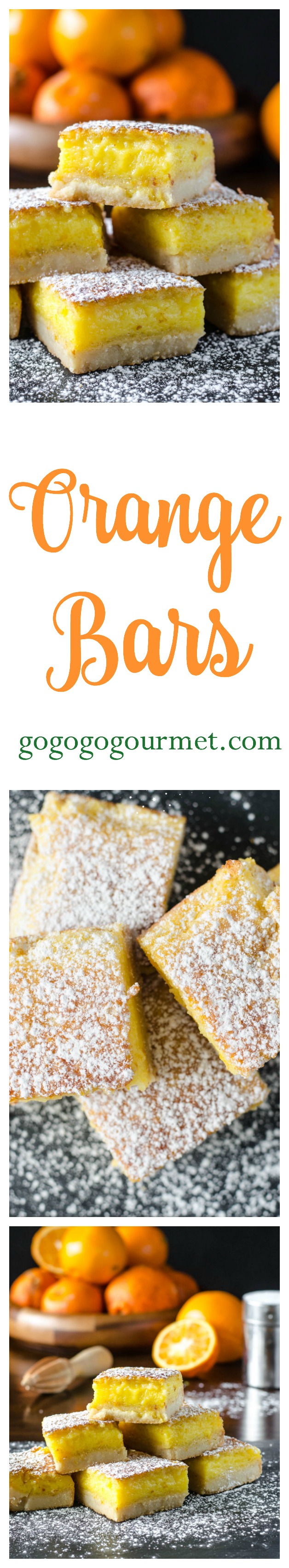 Use some delicious in-season citrus to make these Orange bars- a clever twist on lemon bars! A delicious crust, topped with a thick layer of sweet and tart orange filling- you'd never guess that they're so simple to make! | Go Go Go Gourmet @Go Go Go Gourmet via @gogogogourmet