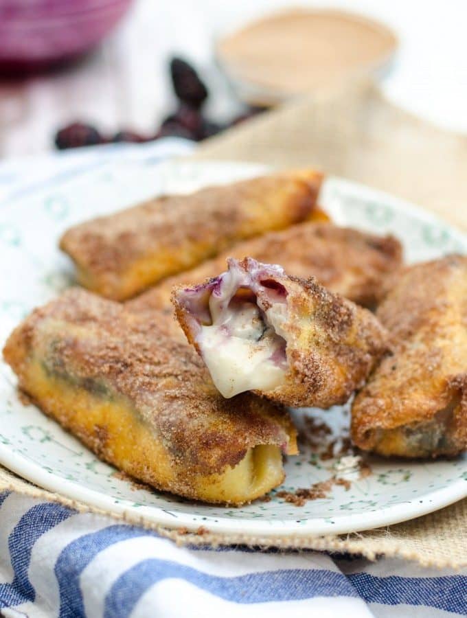 A light cheesecake that tastes like its wrapped up in an elephant ear! Blueberry No Bake Ricotta Cheesecake Eggrolls | Go Go Go Gourmet @gogogogourmet