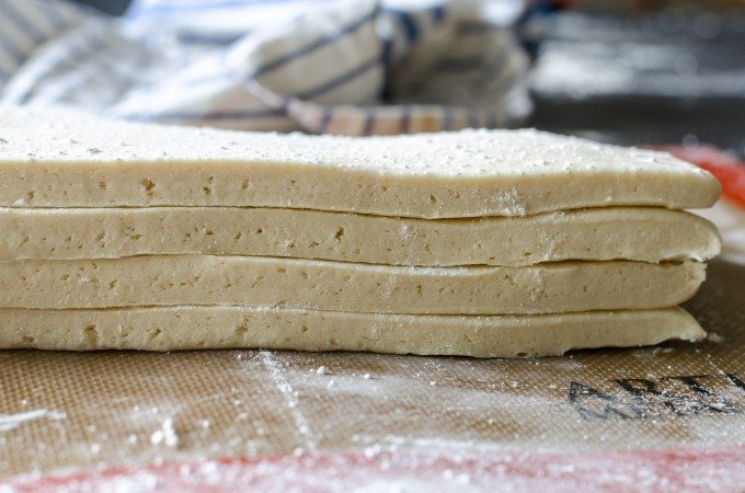 close up of a stack of dough