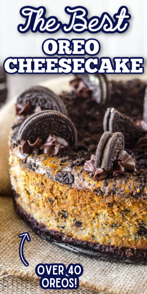 While this recipe isn't no bake, this Oreo Cheesecake is so easy! With over 40 Oreo cookies, you'll have a slice of this cheesecake gone in just a few bites! It has a layer of chocolate ganache over the crust, and it really it the best! #gogogogourmet #oreocheesecake #bestoreocheesecakerecipe #easycheesecakerecipes via @gogogogourmet