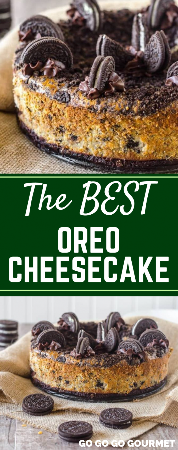 While this recipe isn't no bake, this Oreo Cheesecake is so easy! With over 40 Oreo cookies, you'll have a slice of this cheesecake gone in just a few bites! It has a layer of chocolate ganache over the crust, and it really it the best! #gogogogourmet #oreocheesecake #bestoreocheesecakerecipe #easycheesecakerecipes via @gogogogourmet