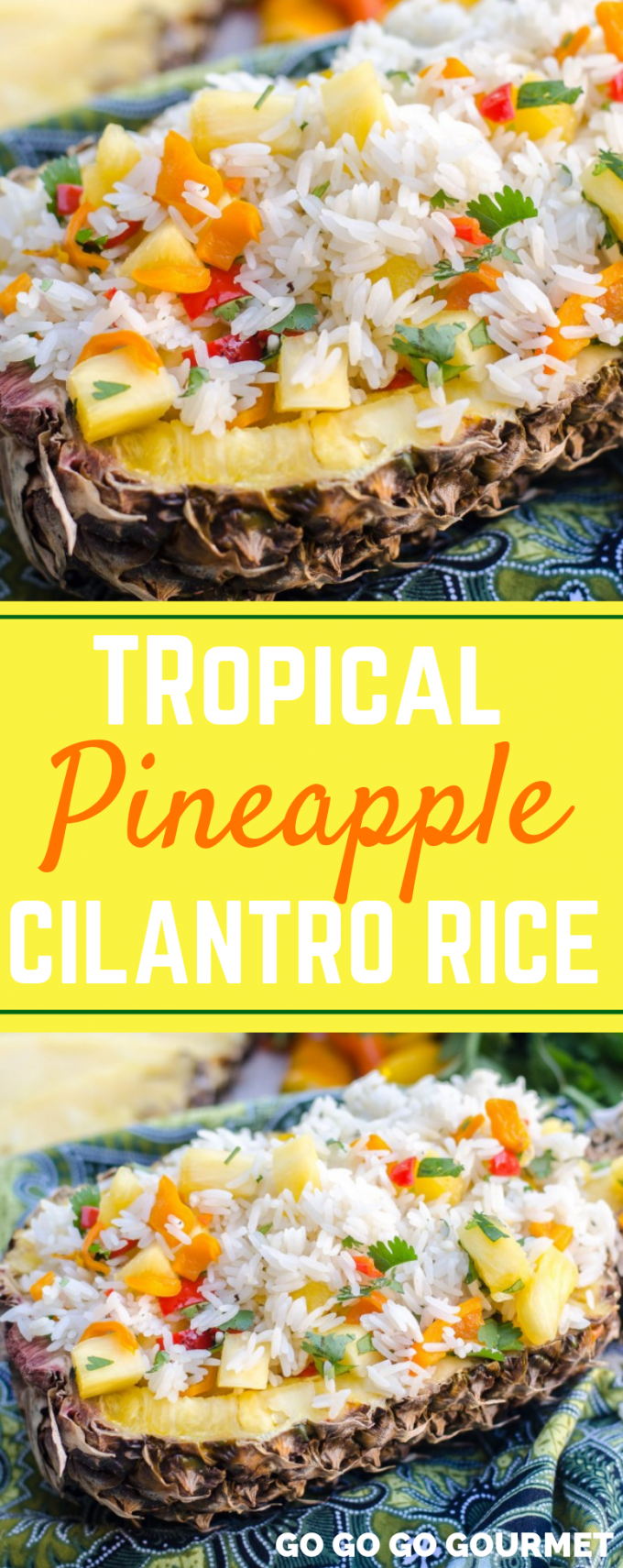 This easy Tropical Pineapple Rice puts a twist on the classic Chipotle cilantro rice! Perfect for any weeknight meals, you can even serve it in a pineapple bowl for fun! It would taste great with any Thai or Hawaiian chicken recipes, and makes a great healthy side dish! #gogogogourmet #pineapplerice #cilantrorice #tropicalpineapplecilantrorice via @gogogogourmet