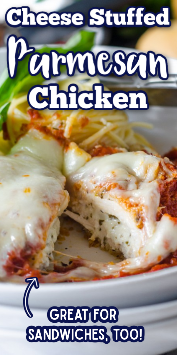 This easy Stuffed Chicken Parmesan recipe is so cheesy and delicious! Stuffed with ricotta and topped with mozzarella, this is one tasty baked chicken recipe! #gogogogourmet #stuffedchickenparmesan #chickenparm #easychickenrecipes via @gogogogourmet