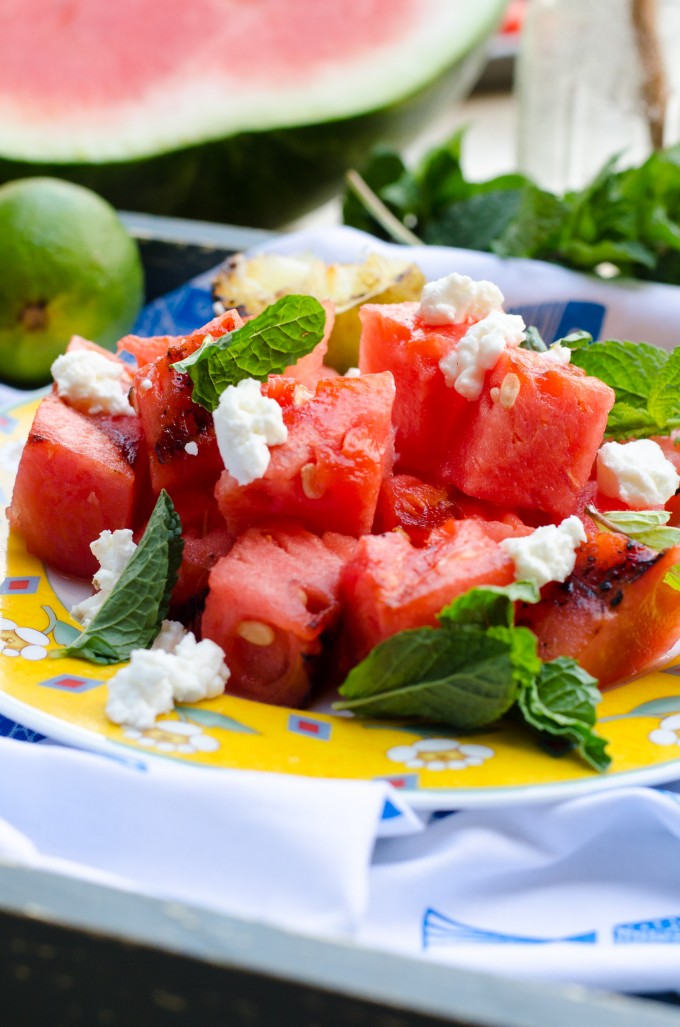 Grilled Watermelon Salad- a new twist on summer's bounty of watermelon, featuring goat cheese, mint and grilled limes! | Go Go Go Gourmet @gogogogourmet