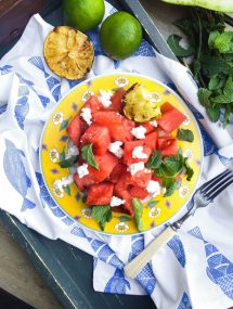 Grilled Watermelon Salad- a new twist on summer's bounty of watermelon, featuring goat cheese, mint and grilled limes! | Go Go Go Gourmet @gogogogourmet