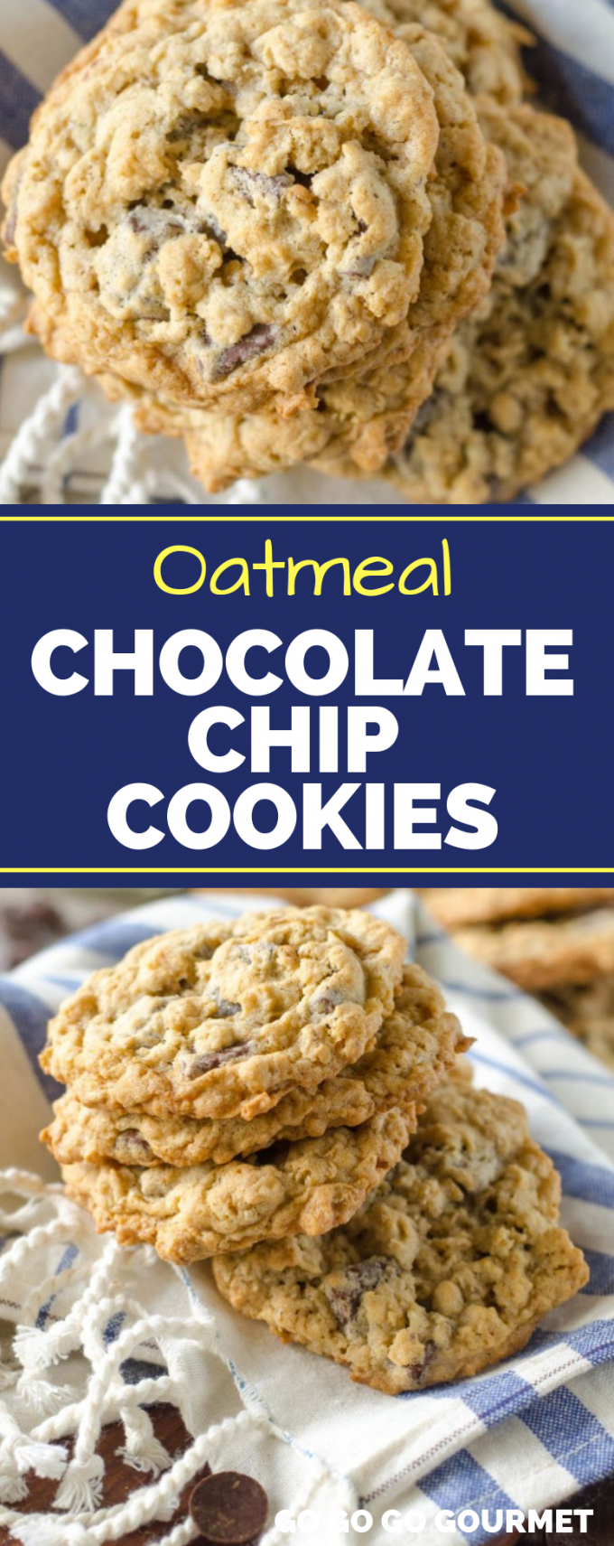 These easy, chewy Oatmeal Chocolate Chip Cookies are the best! These soft cookies are even better than the Pioneer Woman recipe! You could even take them up a notch with walnuts or peanut butter! #gogogogourmet #oatmealchocolatechipcookies #easycookierecipes #easydessertrecipes via @gogogogourmet