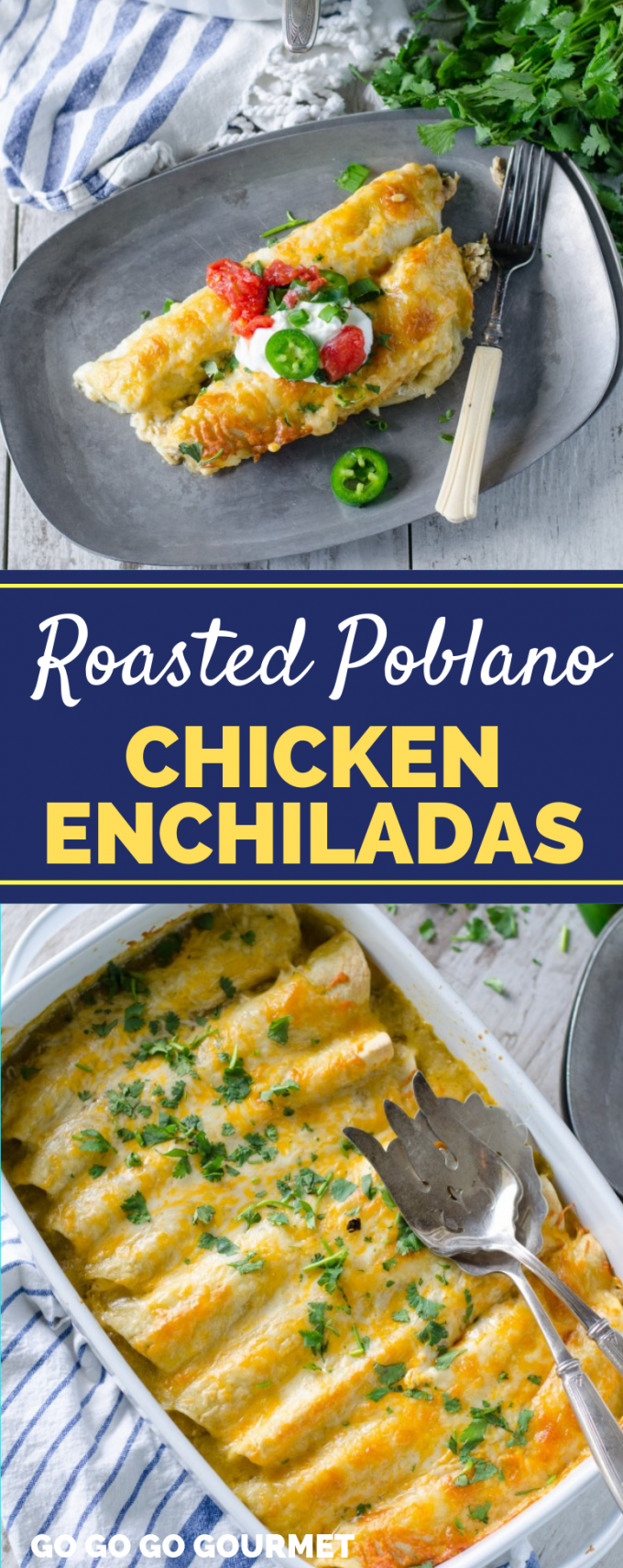 These easy Roasted Poblano Chicken Enchiladas are even better than the Pioneer Woman recipe! This authentic Mexican dish is creamy, delicious, and super easy to make for any weeknight dinner! #gogogogourmet #chickenenchiladas #authenticmexicanfood #mexicanrecipes via @gogogogourmet