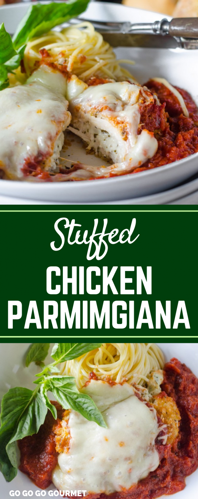 This easy Stuffed Chicken Parmesan recipe is so cheesy and delicious! Stuffed with ricotta and topped with mozzarella, this is one tasty baked chicken recipe! #gogogogourmet #stuffedchickenparmesan #chickenparm #easychickenrecipes via @gogogogourmet