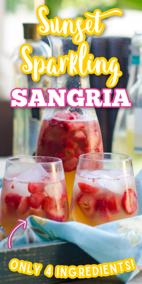 Summer pitcher drinks don't get any better than this Sunset Sparkling White Wine Sangria recipe! With lots of juice and fresh fruit, this will e your new favorite summer cocktail! #gogogogourmet #sunsetsparklingwhitewinesangria #easysangriarecipes #whitewinesangria via @gogogogourmet