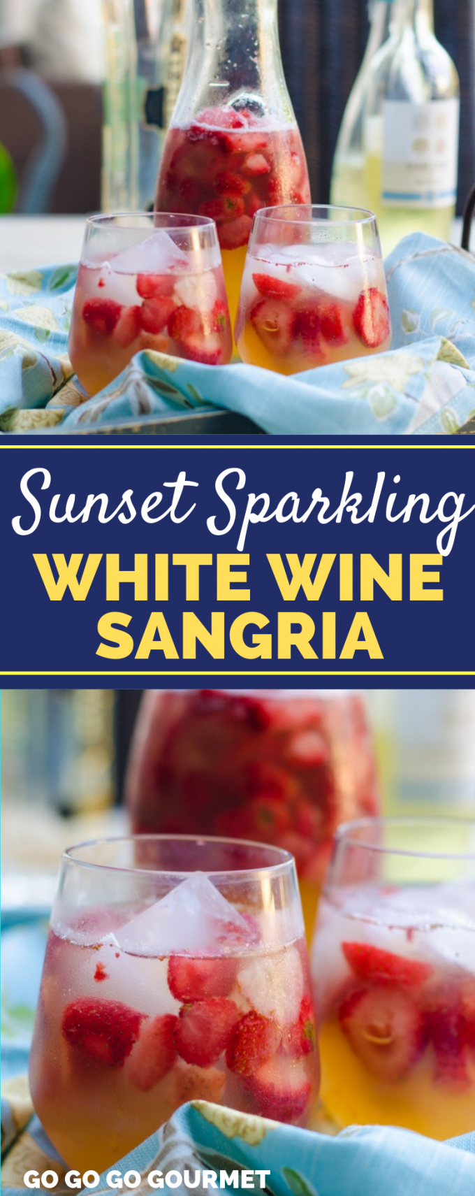 Summer pitcher drinks don't get any better than this Sunset Sparkling White Wine Sangria recipe! With lots of juice and fresh fruit, this will e your new favorite summer cocktail! #gogogogourmet #sunsetsparklingwhitewinesangria #easysangriarecipes #whitewinesangria via @gogogogourmet