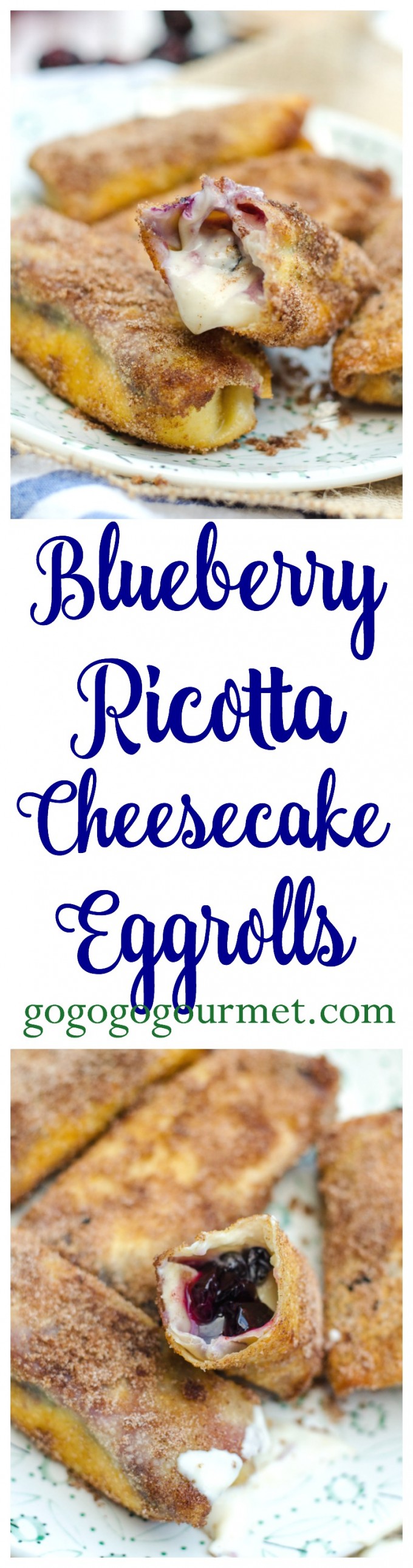 A cross between a cheesecake and an elephant ear, this easy dessert is totally amazing! No Bake Blueberry Ricotta Cheesecake Eggrolls | Go Go Go Gourmet @Go Go Go Gourmet