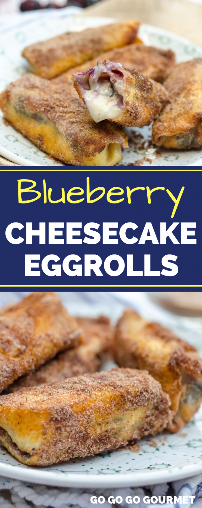 A cross between a cheesecake and an elephant ear, these easy, fried desserts are totally delish! These No Bake Blueberry Ricotta Cheesecake Eggrolls would be even better served with a strawberry dipping sauce or even whipped cream! #gogogogourmet #cheesecakeeggrolls #nobakedesserts #blueberrycheesecakeeggrolls via @gogogogourmet