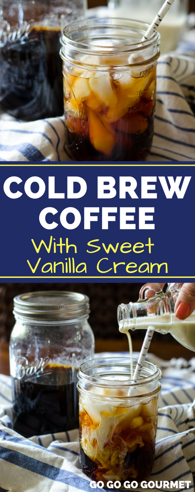 If you've ever wondered how to make cold brew coffee, look no further! This Cold Brew Coffee recipe even rivals the Pioneer Woman! It's easy, and the coffee concentrate tastes even better when mixed with sweet vanilla cream! #coldbrewcoffee #easycoldbrewcoffeerecipe #homemadecoldbrewcoffee #gogogogourmet via @gogogogourmet