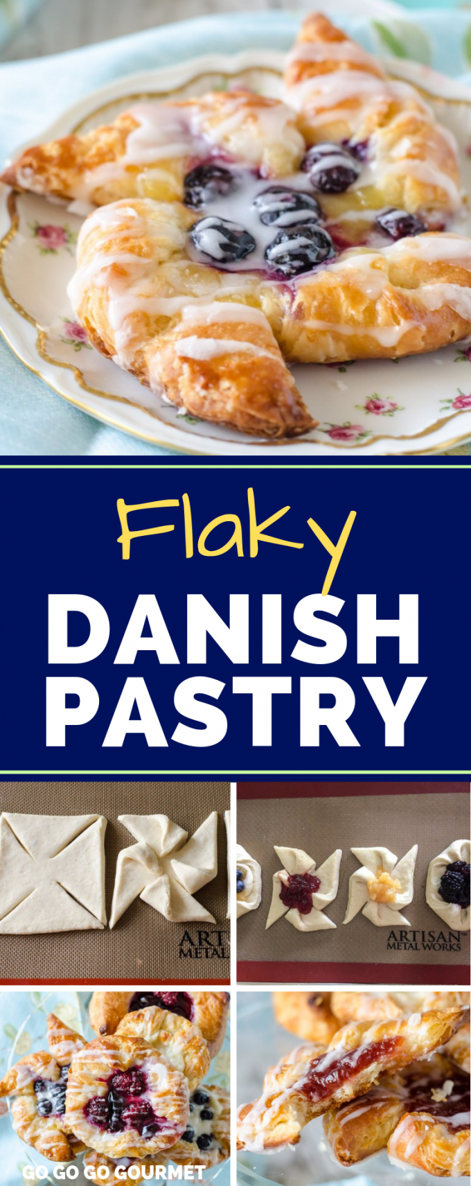 These flaky Danish pastries use an easy homemade dough recipe (for either crescent rolls or croissants!) You can use any type of filling and any number of shapes for this traditional breakfast treat! #gogogogourmet #flakydanishpastry #danishpastry #breakfastpastry  via @gogogogourmet