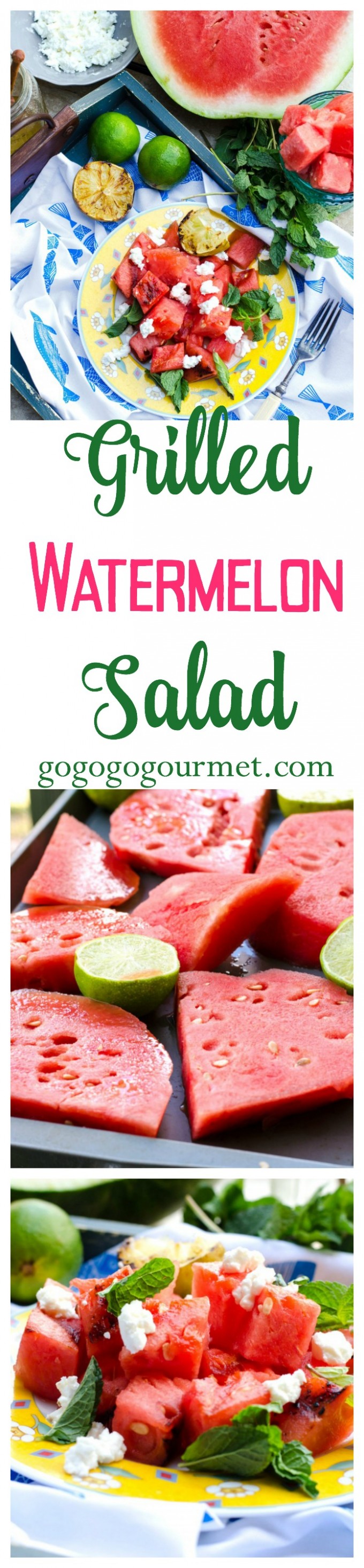 Fresh watermelon is the perfect sign that summer is here! Try this new twist on it- charred on the grill, with goat cheese, honey, lime and mint! Grilled Watermelon Salad | Go Go Go Gourmet @Go Go Go Gourmet