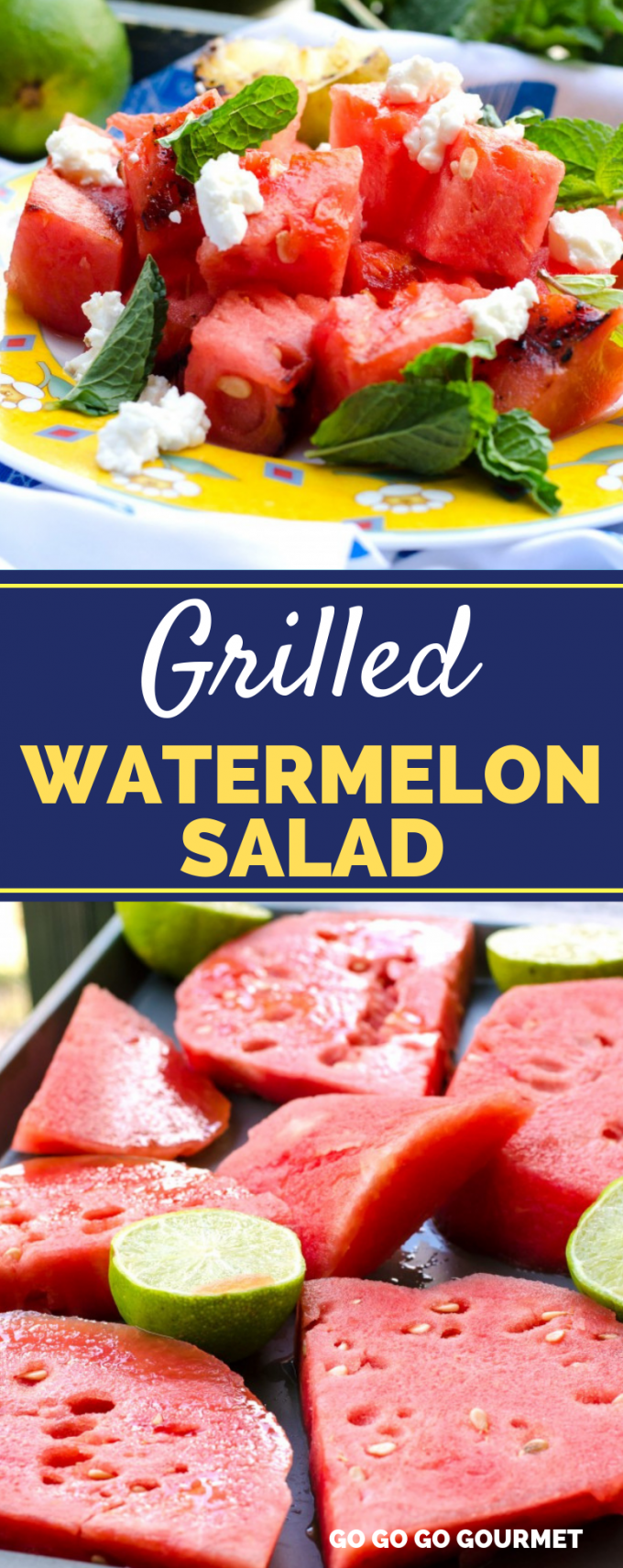 Fresh watermelon is the perfect sign that summer is here! Try this new twist on it- charred on the grill, with goat cheese, honey, lime and mint! This Grilled Watermelon Salad is even sweet enough to serve as a dessert! #gogogogourmet #grilledwatermelonsalad #grilledwatermelon #summersalads via @gogogogourmet